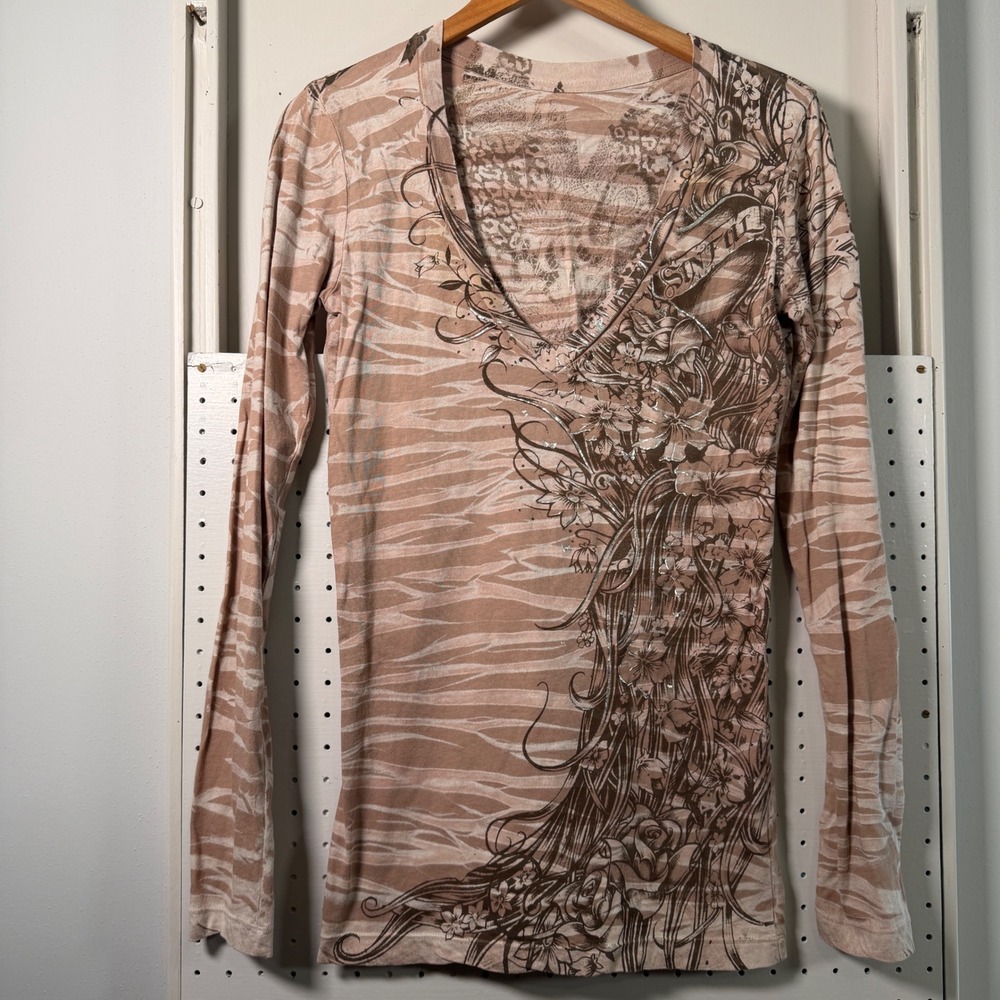 Sinful by Affliction Womens Brown Graphic V-Neck Long Sleeve Top Y2K Medium